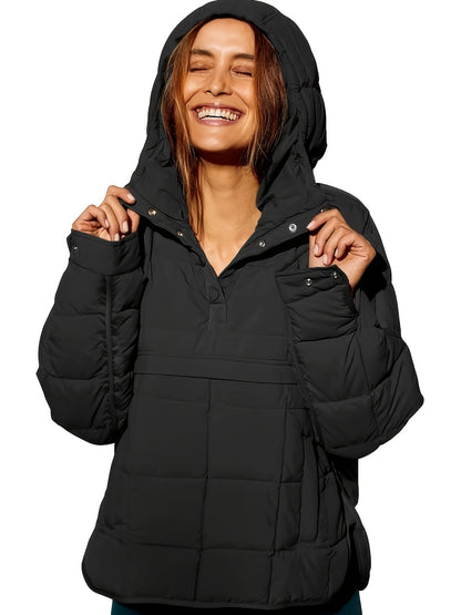 Plus Size Casual Winter Coat, Women's Plus Solid Quilted Button Up Long Sleeve Hooded Pullover Puffer Coat