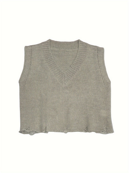 gbolsos Solid Color V Neck Pullover Sweater, Sleeveless Knitted Tank Top For Spring & Fall, Women's Clothing