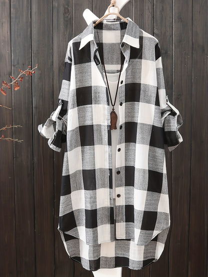 gbolsos  Plaid Print Dipped Hem Shirt, Casual Mid Length Button Front Turn Down Collar Long Sleeve Shirt, Women's Clothing