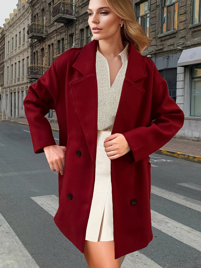 Solid Dual Breasted Notch Collar Overcoat, Casual Long Sleeve Coat For Fall & Winter, Women's Clothing