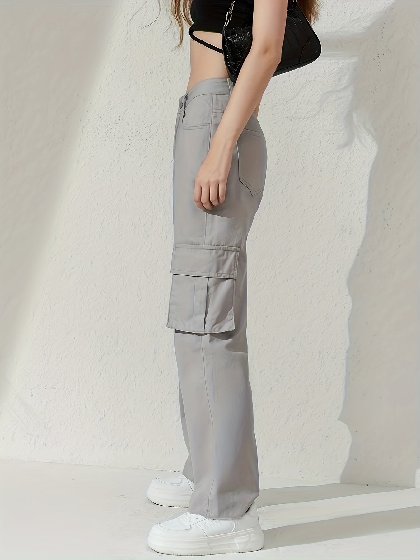 gbolsos  Plain Flap Pockets Cargo Pants, Loose Fit Non-Stretch Y2K & Kpop Style Straight Jeans, Women's Denim Jeans & Clothing