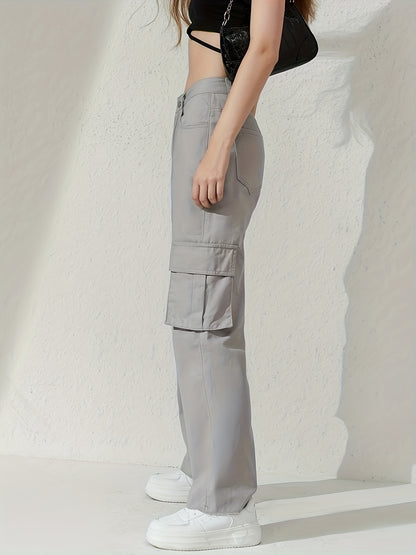 gbolsos  Plain Flap Pockets Cargo Pants, Loose Fit Non-Stretch Y2K & Kpop Style Straight Jeans, Women's Denim Jeans & Clothing