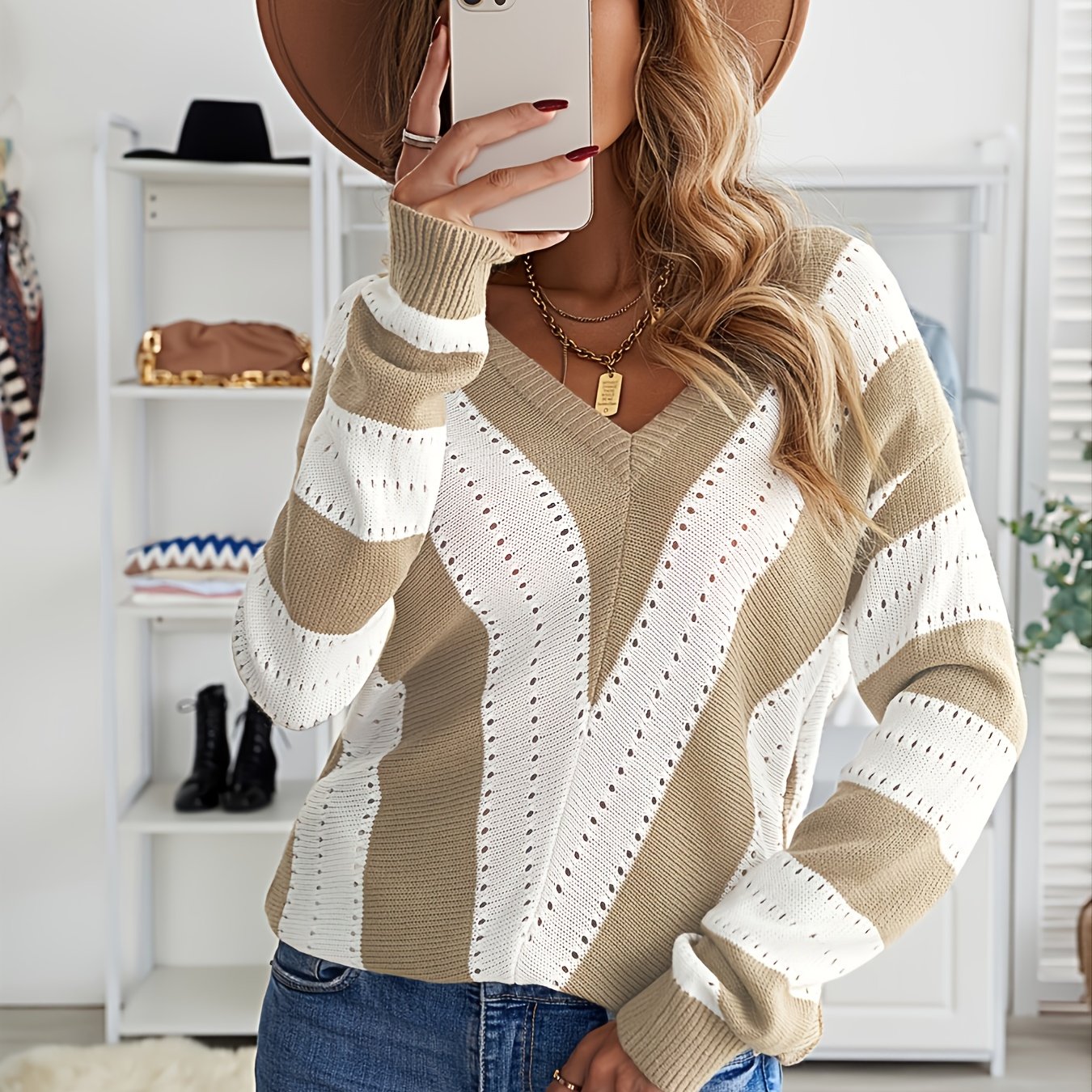 2025 gbolsos  Women's Sweater Striped Colorblock V-Neck Knit Sweater
