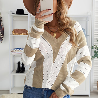 2025 gbolsos  Women's Sweater Striped Colorblock V-Neck Knit Sweater