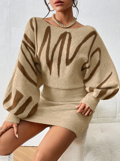 gbolsos  Abstract Print Sweater Dress, Elegant Boat Neck Long Lantern Sleeve Dress, Women's Clothing
