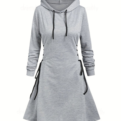 Drawstring Lace Up Hooded Dress, Casual Long Sleeve Solid Dress, Women's Clothing