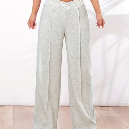 Solid Straight Leg Pants, Casual Asymmetrical Elastic Waist Pants For Spring & Fall, Women's Clothing