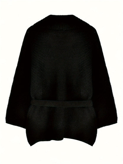 gbolsos  Solid Open Front Belted Knit Cardigan, Vintage Long Sleeve Thick Sweater Coat, Women's Clothing