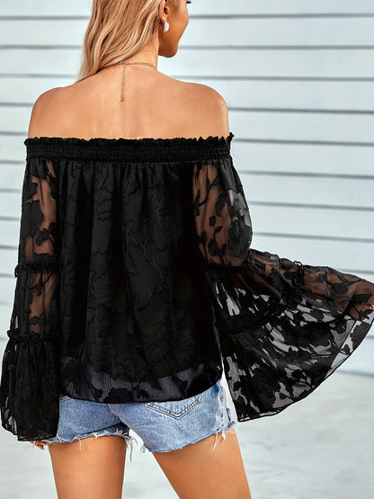 Off-shoulder Lace Flare Sleeve Top, Casual Solid Loose T-Shirt For Spring & Fall, Women's Clothing