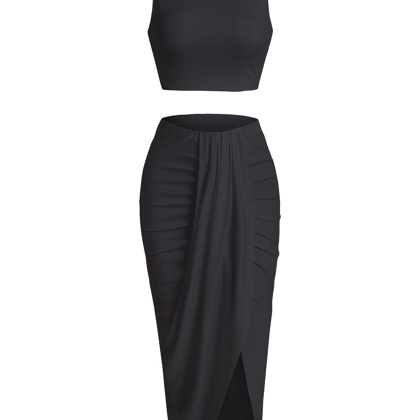 gbolsos  Two-piece Skirt Set, Crop Tank Top & Ruched Split Front Skirt Outfits, Women's Clothing