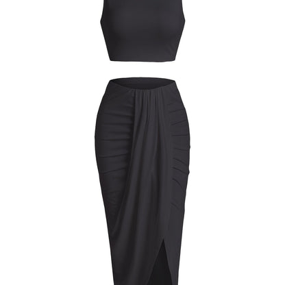 gbolsos  Two-piece Skirt Set, Crop Tank Top & Ruched Split Front Skirt Outfits, Women's Clothing