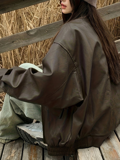 gbolsos  Solid Faux Leather Zipper Jacket, Vintage Oversized Long Sleeve Outwear For Fall & Winter, Women's Clothing