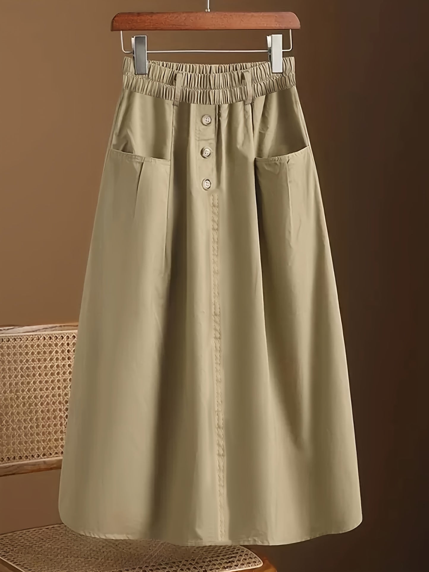 gbolsos  Solid Button Decor Pockets Skirt, Versatile Elastic Waist Skirt, Women's Clothing