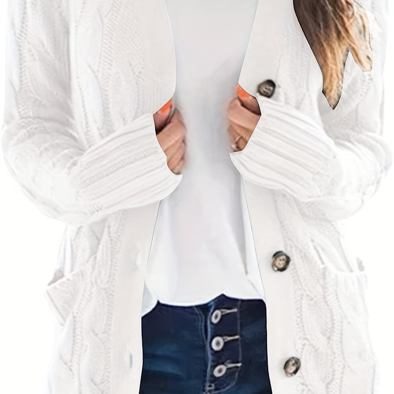 Cable Knit Button Front Cardigan, Casual Solid Long Sleeve Cardigan For Fall & Winter, Women's Clothing