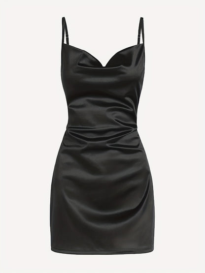 Solid Cowl Neck Spaghetti Dress, Sexy Tie Back Bodycon Cami Dress For Summer, Women's Clothing