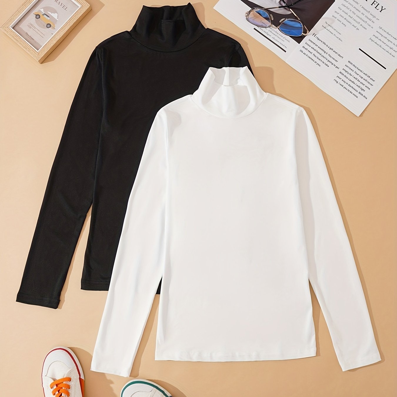 gbolsos  2 Pieces Turtle Neck T-Shirts, Versatile Long Sleeve T-Shirts For Spring & Fall, Women's Clothing