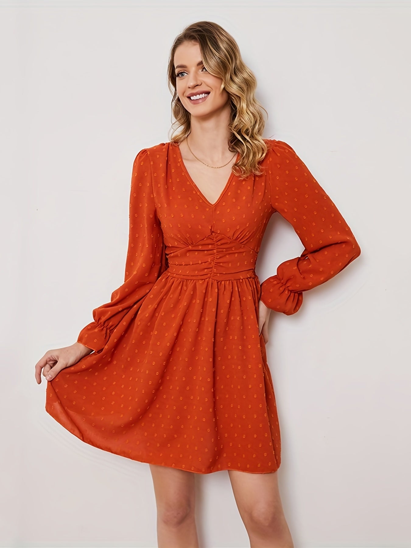 Polka Dot Ruched Dress, Casual Solid V Neck High Waist Long Sleeve Mini Dress, Women's Clothing