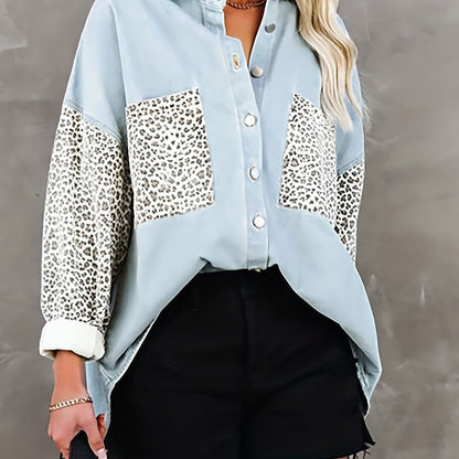gbolsos  Leopard Print Drop Shoulder Jacket, Casual Long Sleeve Jacket For Fall & Winter, Women's Clothing