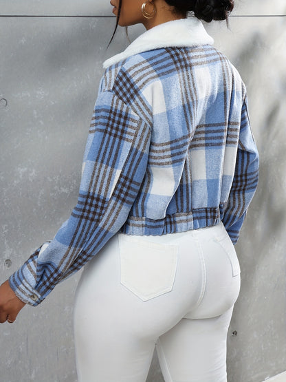 gbolsos  Button Plaid Faux Fur Collar Jacket, Casual Long Sleeve Crop Jacket For Fall & Winter, Women's Clothing