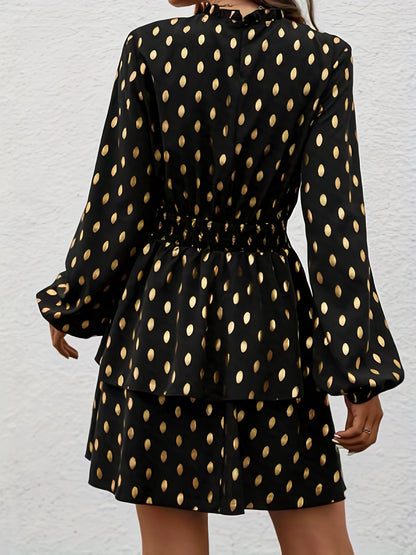 gbolsos  Graphic Print Shirred Waist Dress, Casual Mock Neck Dress For Spring & Fall, Women's Clothing