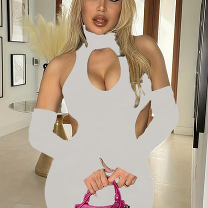 gbolsos  Cut Out Bodycon Dress With Gloves, Sexy Mock Neck Dress For Spring & Summer, Women's Clothing