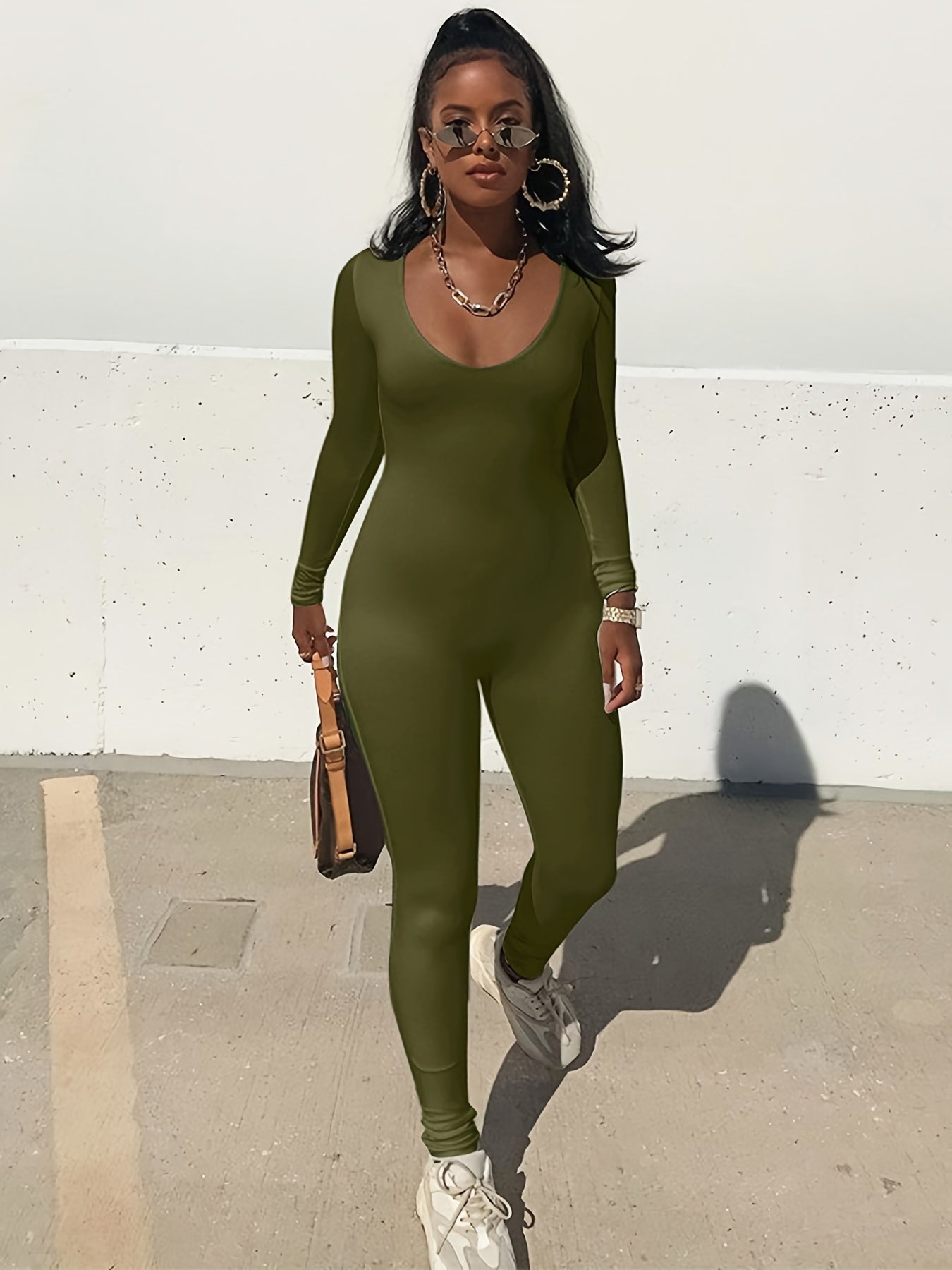 Solid Crew Neck Long Sleeve Bodycon Jumpsuit, Sports Yoga Skinny Long Length Seamless Jumpsuit, Women's Clothing