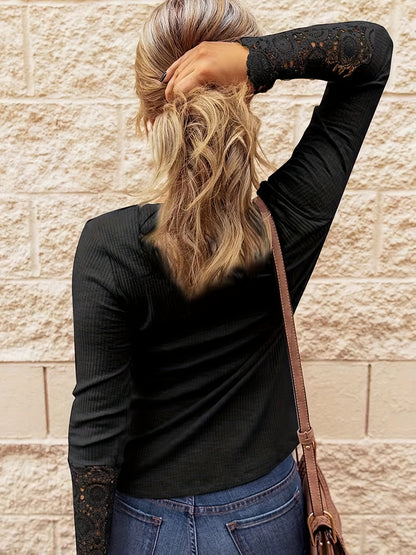 gbolsos  Lace Stitching Crew Neck T-Shirt, Casual Long Sleeve Top For Spring & Fall, Women's Clothing
