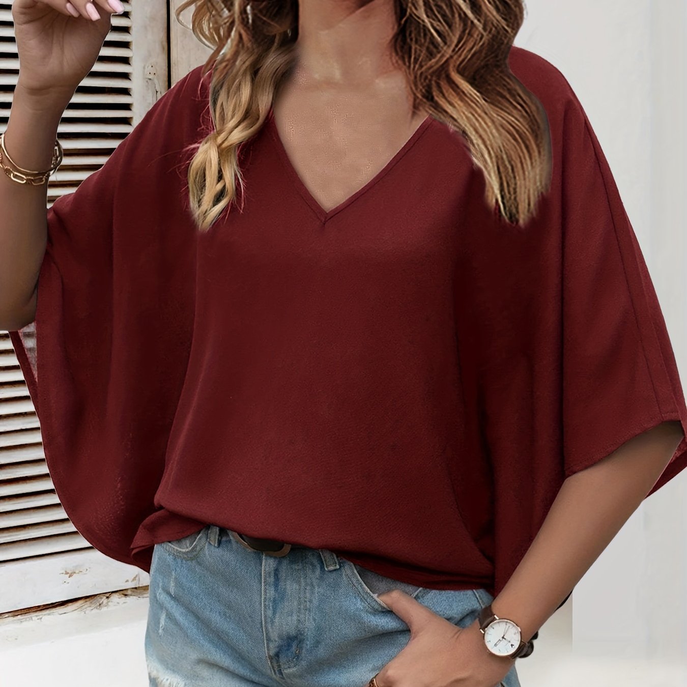 Batwing Sleeve V Neck Blouse, Loose Casual Top For Fall & Spring, Women's Clothing