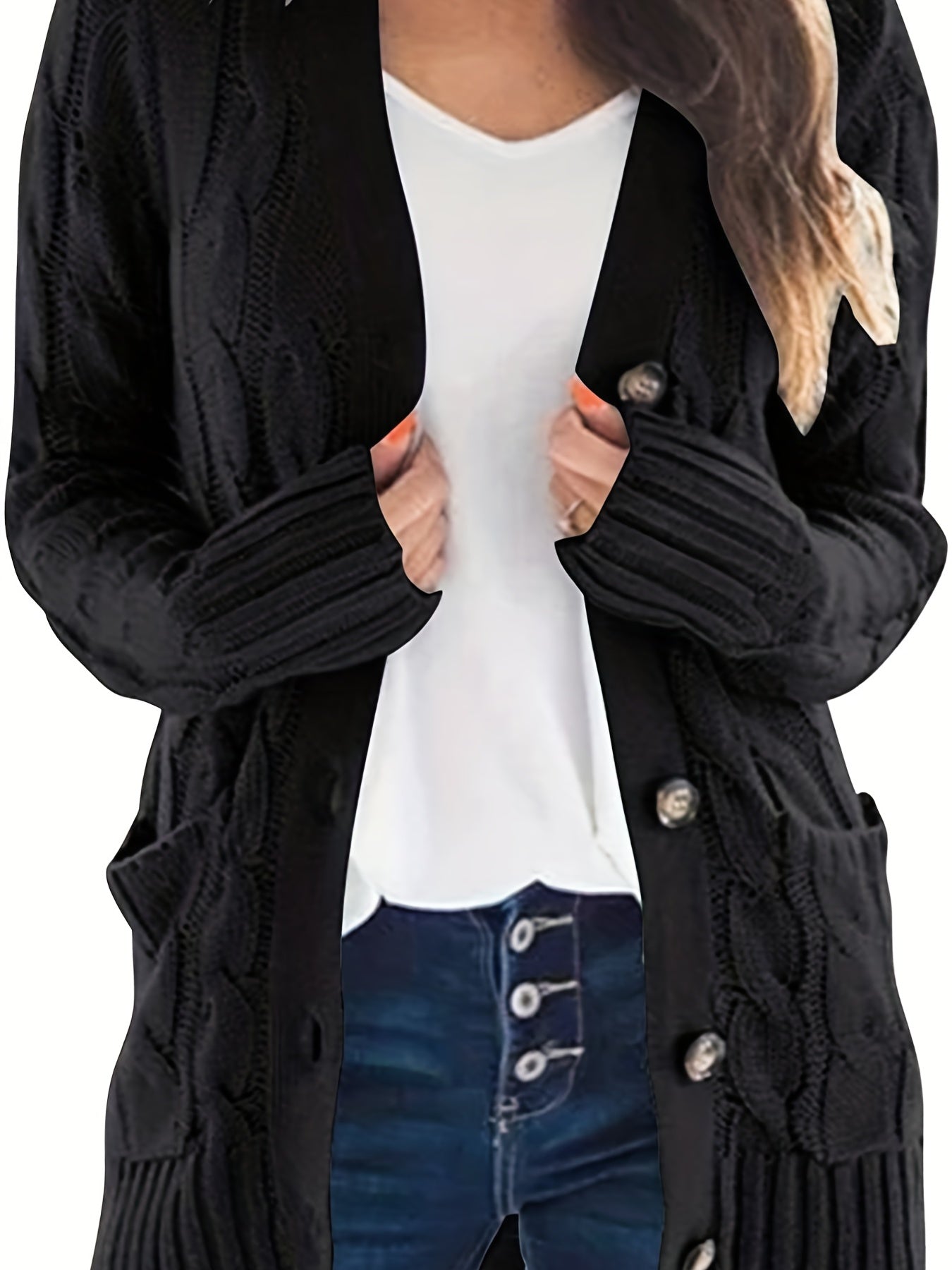 Cable Knit Button Front Cardigan, Casual Solid Long Sleeve Cardigan For Fall & Winter, Women's Clothing
