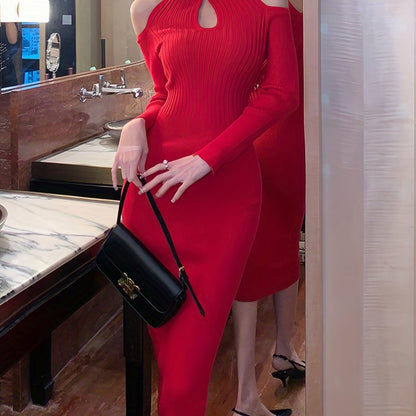 gbolsos  Cold Shoulder Keyhole Dress, Elegant Solid Long Sleeve Midi Dress, Women's Clothing