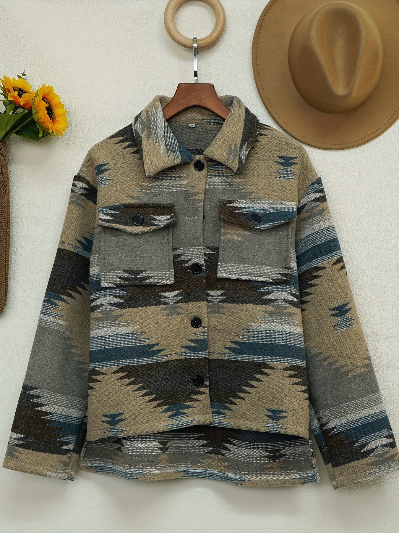 gbolsos  Aztec Pattern Button Up Jacket, Vintage Long Sleeve Pockets Spring & Fall Outerwear, Women's Clothing