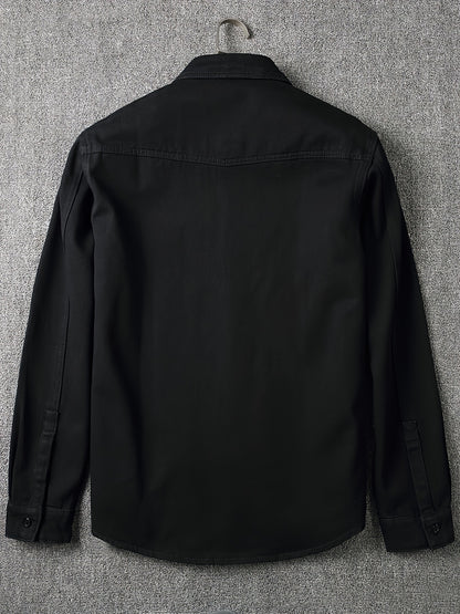 Men's Loose Fit Solid Color Lapel Collar Long Sleeve Denim Jacket With Pockets, Men's Outfits