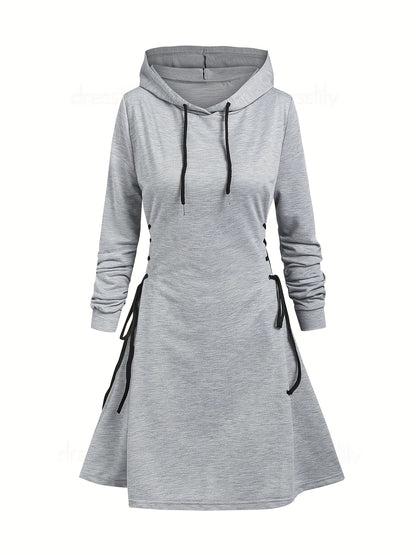 Drawstring Lace Up Hooded Dress, Casual Long Sleeve Solid Dress, Women's Clothing