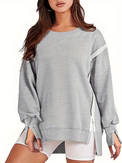 Top-stitching Dipped Hem Pullover Sweatshirt, Casual Long Sleeve Crew Neck Sweatshirt For Fall & Winter, Women's Clothing
