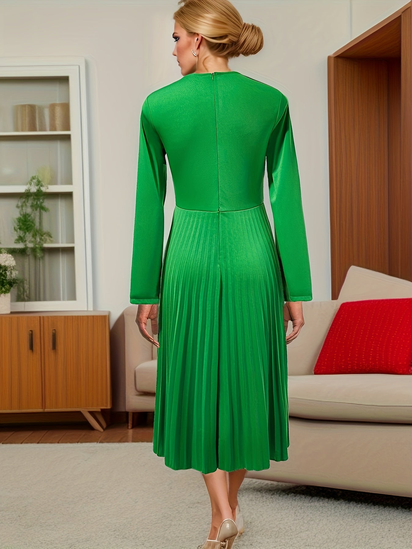 gbolsos  Solid Pleated Dress, Elegant Notched Neck Long Sleeve Tucked Dress, Women's Clothing