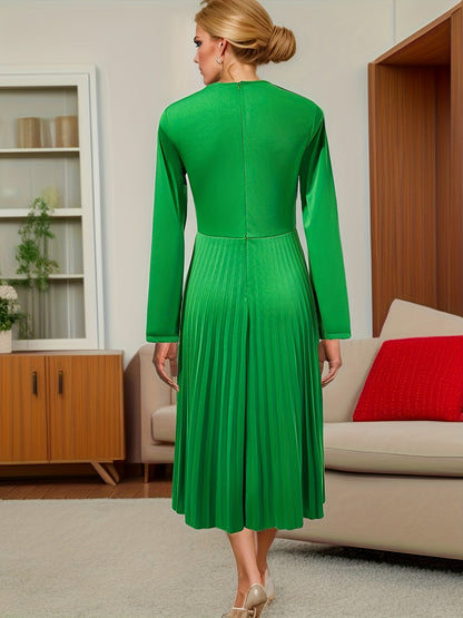 gbolsos  Solid Pleated Dress, Elegant Notched Neck Long Sleeve Tucked Dress, Women's Clothing