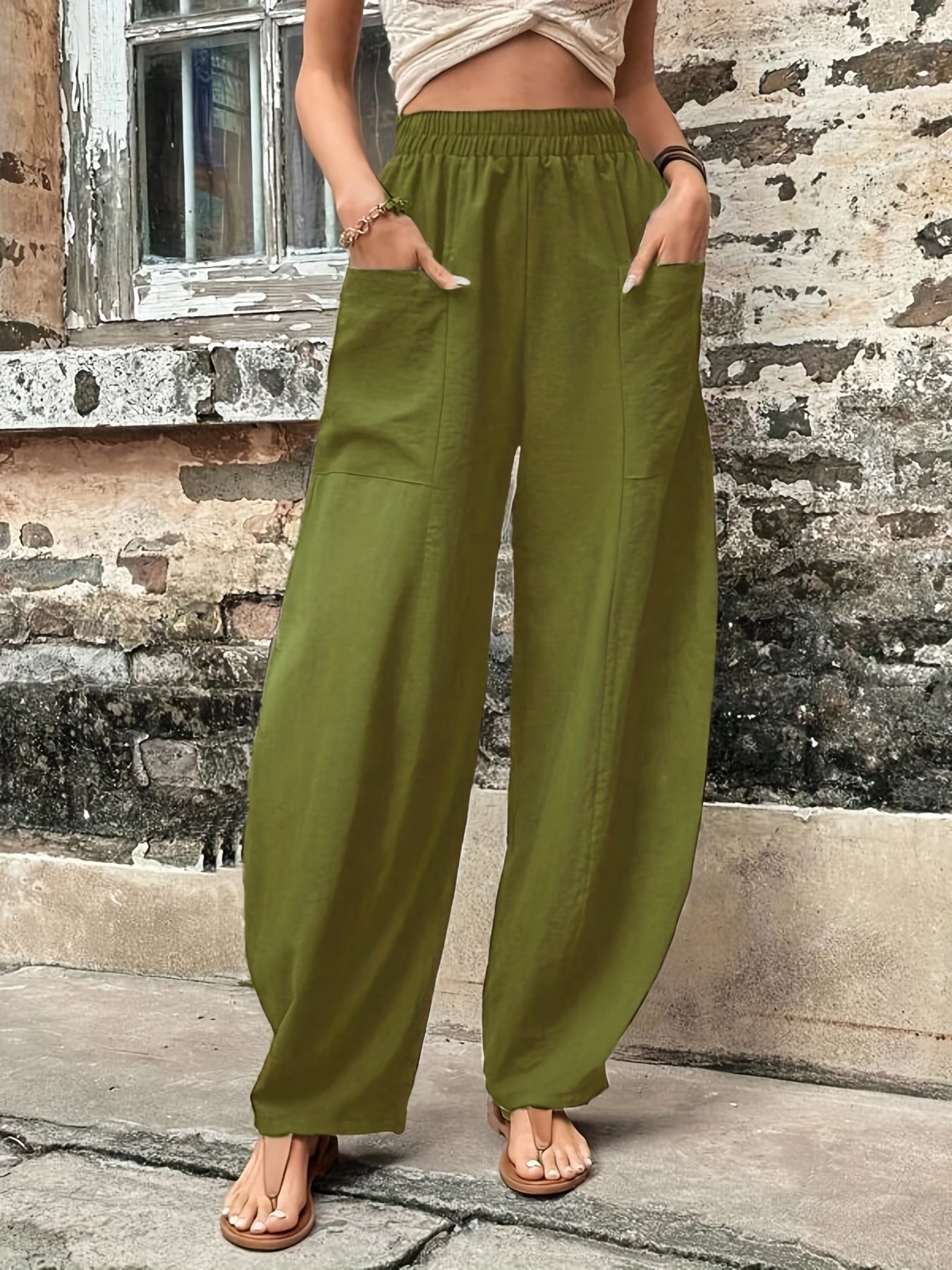 gbolsos  Boho Solid Elastic Waist Harem Pants, Casual Long Length Baggy Pants With Pockets For Spring & Summer, Women's Clothing