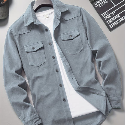 Men's Loose Fit Solid Color Lapel Collar Long Sleeve Denim Jacket With Pockets, Men's Outfits