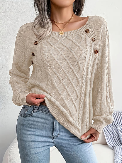 2025 gbolsos  Cable Knitted Button Sweater, Casual Long Sleeve Sweater For Fall & Winter, Women's Clothing