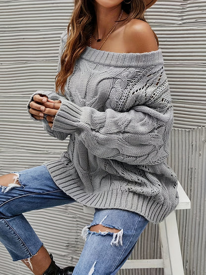 gbolsos  Off Shoulder Cable Knit Sweater, Casual Long Sleeve Sweater For Fall & Winter, Women's Clothing