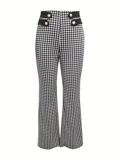 gbolsos  Houndstooth Straight Leg Pants, Elegant Stretchy Button High Waist Pants, Women's Clothing