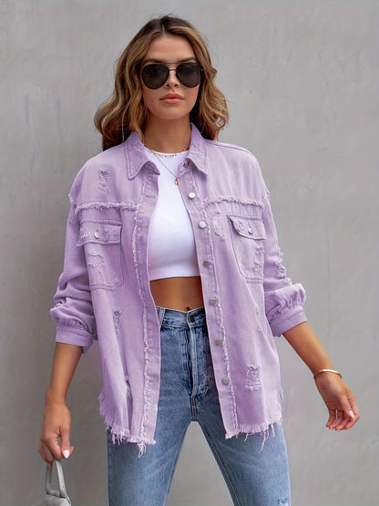gbolsos  Ripped Raw Edge Oversized Denim Jacket, Distressed Collar Long Sleeves Denim Coat, Flap Pockets Single-breasted Button Up Loose Denim  Jacket, Women's Denim Jeans & Clothing