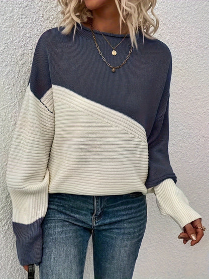 gbolsos  Color Block Loose Pullover Sweater, Elegant Long Sleeve Drop Shoulder Sweater, Women's Clothing