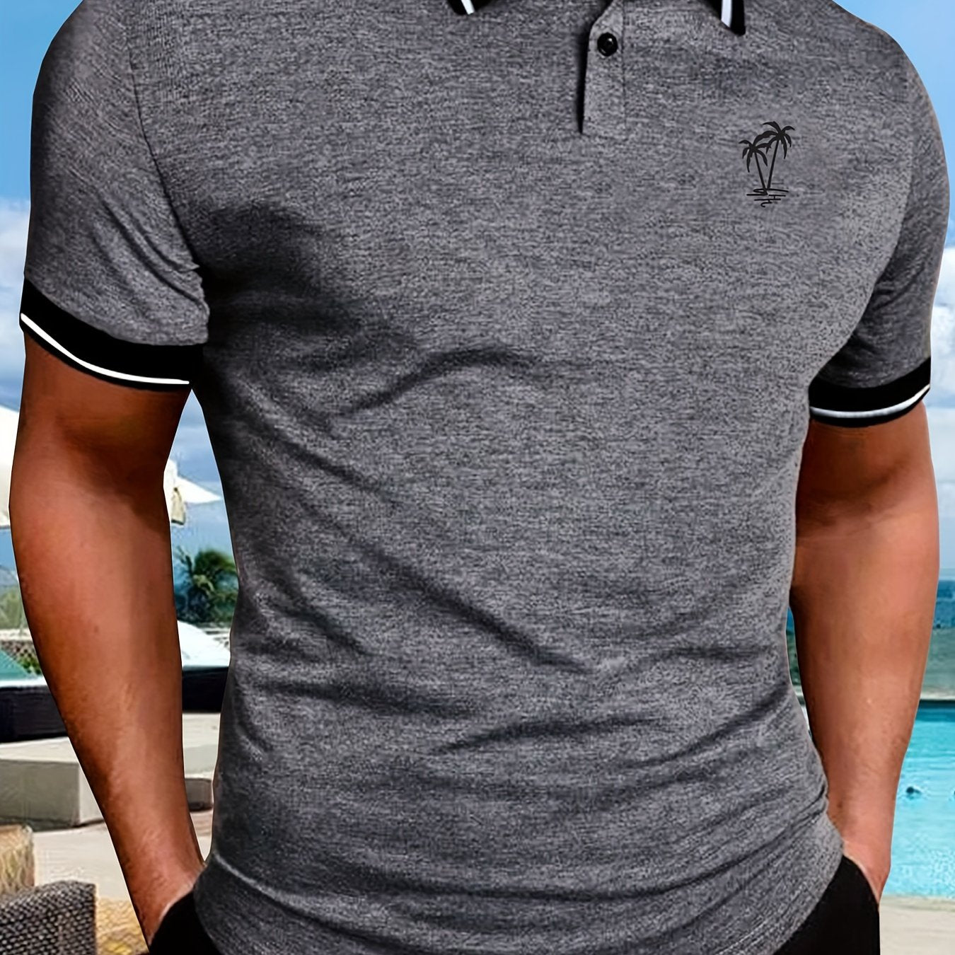 gbolsos  Casual Short Sleeves Button Up Graphic Polo Shirts, V-neck Tops Pullovers, Men's Clothing For Summer