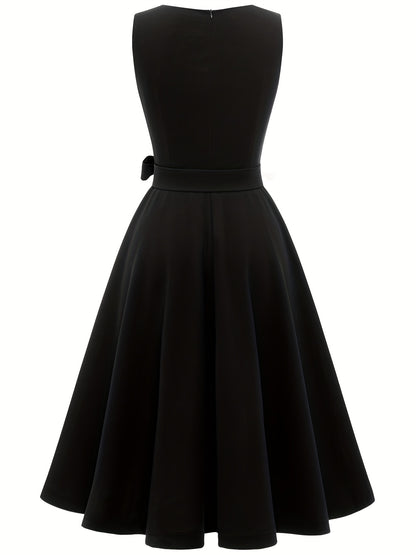 Simple Sleeveless Dress, Vintage Crew Neck Solid Party Dress, Women's Clothing
