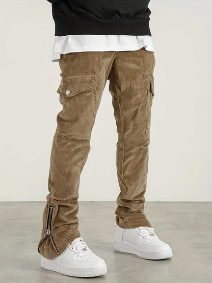gbolsos  Trendy Zipper Slit Bottom Cargo Pants, Men's Solid Multi Flap Pocket Trousers, Casual Outdoor Pants, Men's Work Pants Outdoors Streetwear Hiphop Style