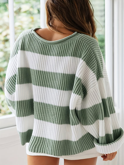 gbolsos   Plus Size Casual Sweater, Women's Plus Colorblock Eyelet Embroidered Long Sleeve Round Neck Pullover Sweater