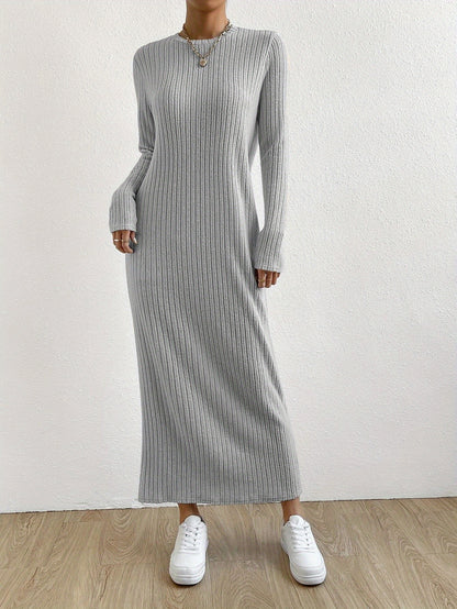gbolsos  Solid Ribbed Dress, Elegant Crew Neck Long Sleeve Maxi Dress, Women's Clothing