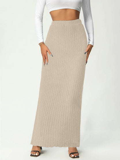Solid Scallop Trim High Waist Skirt, Elegant Long Length Skirt For Spring & Fall, Women's Clothing