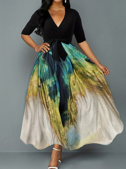 gbolsos  Graphic Print Plunging Dress, Elegant Short Sleeve Maxi Dress, Women's Clothing